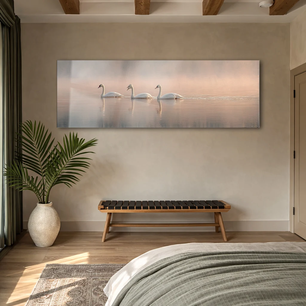 Altın Detaylı Kuğu Yatay Temperli Cam Tablo | Lüks Floral Duvar Sanatı Modern Salon Dekoru