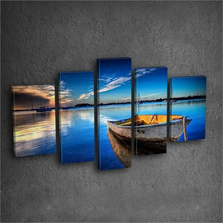 Denizde Sandal ve Gün Batımı 5 Parça Kanvas Tablo