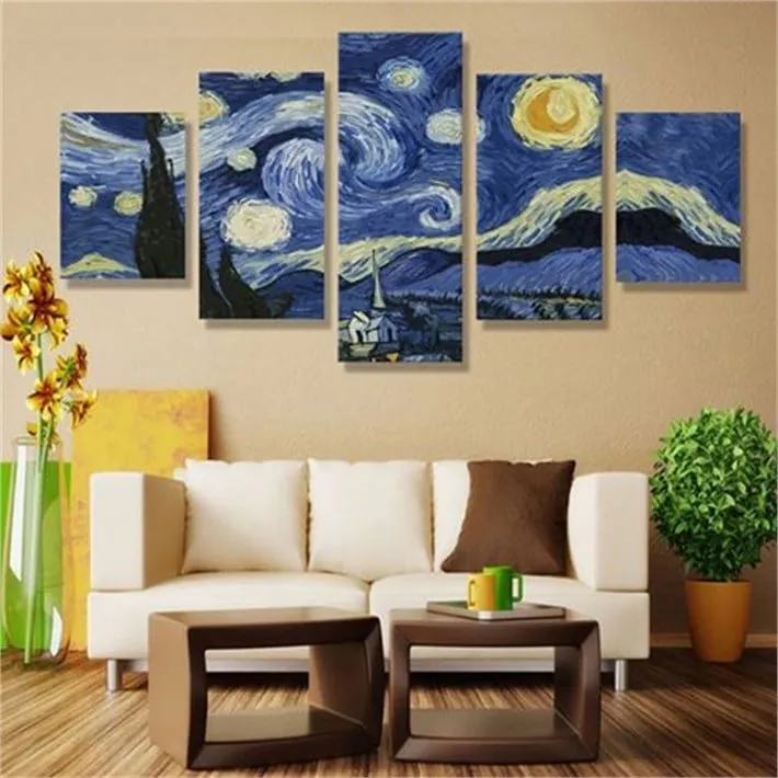 Van Gogh Yıldızlı Gece 5 Parça Kanvas Tablo
