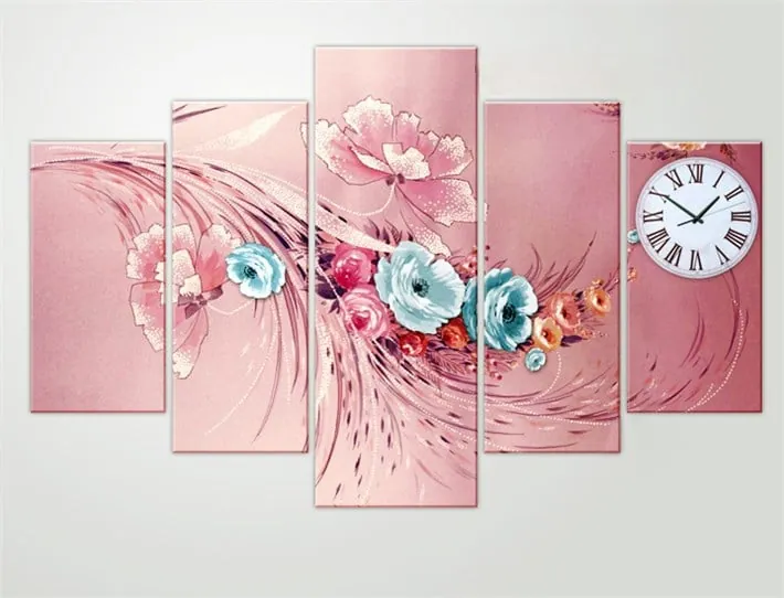 Modern Pembe Mavi Çiçek Desenli Saatli Kanvas Tablo