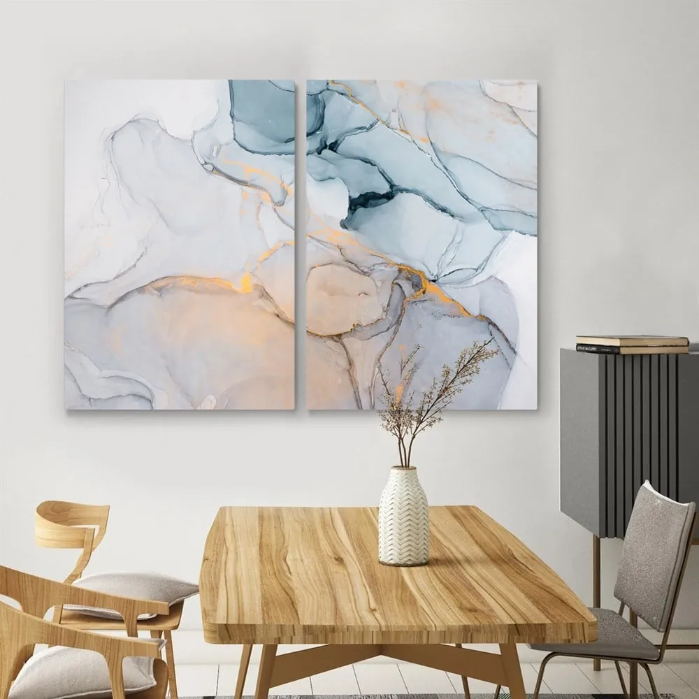 AÜçk Mavi Sarı ve Gri Renkli Abstract Mermer Desenli Dekoratif Kanvas Tablo