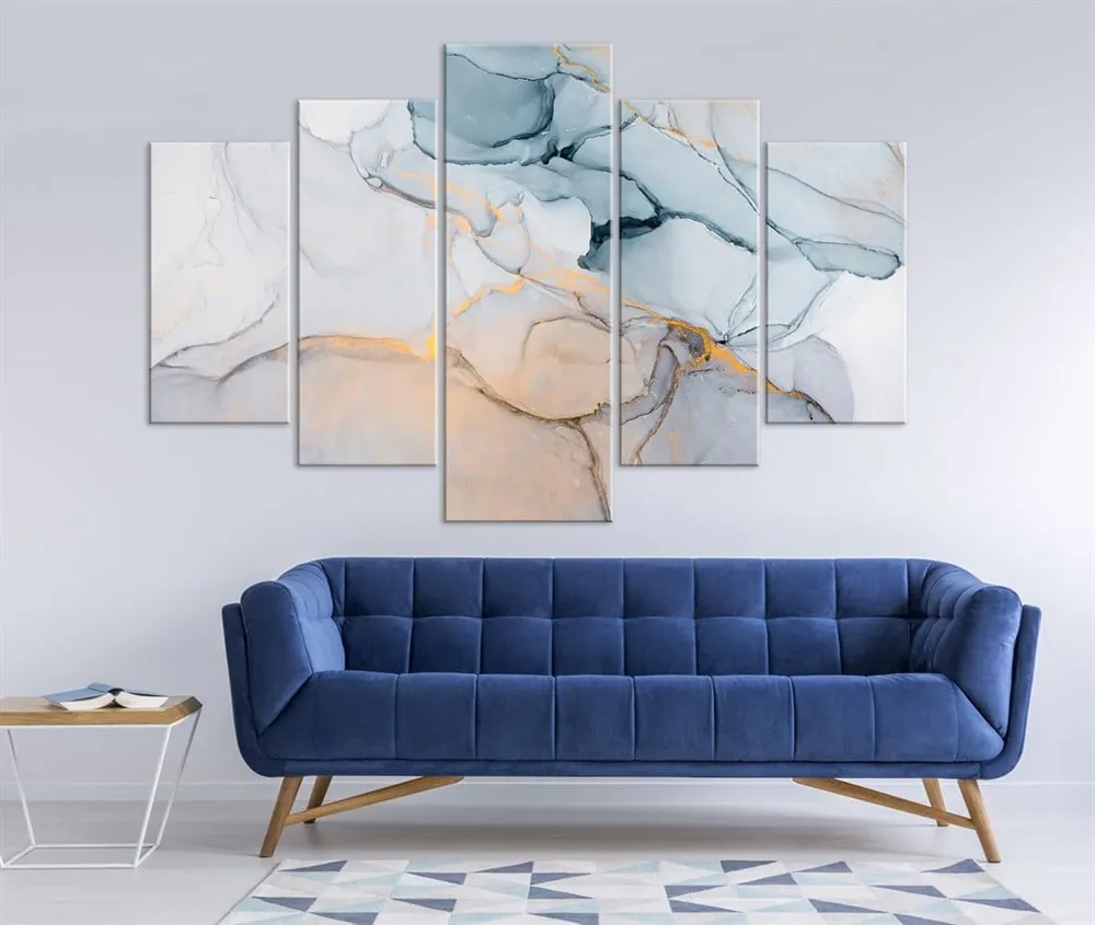 AÜçk Mavi Sarı ve Gri Renkli Abstract Mermer Desenli Dekoratif Kanvas Tablo