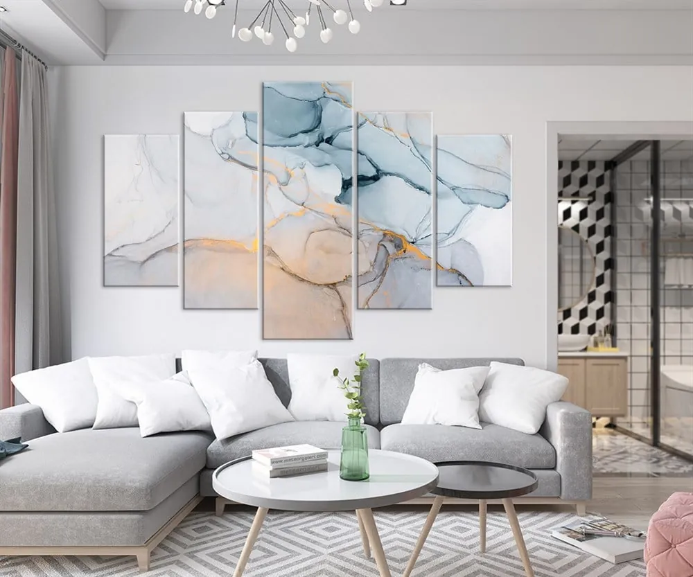 AÜçk Mavi Sarı ve Gri Renkli Abstract Mermer Desenli Dekoratif Kanvas Tablo