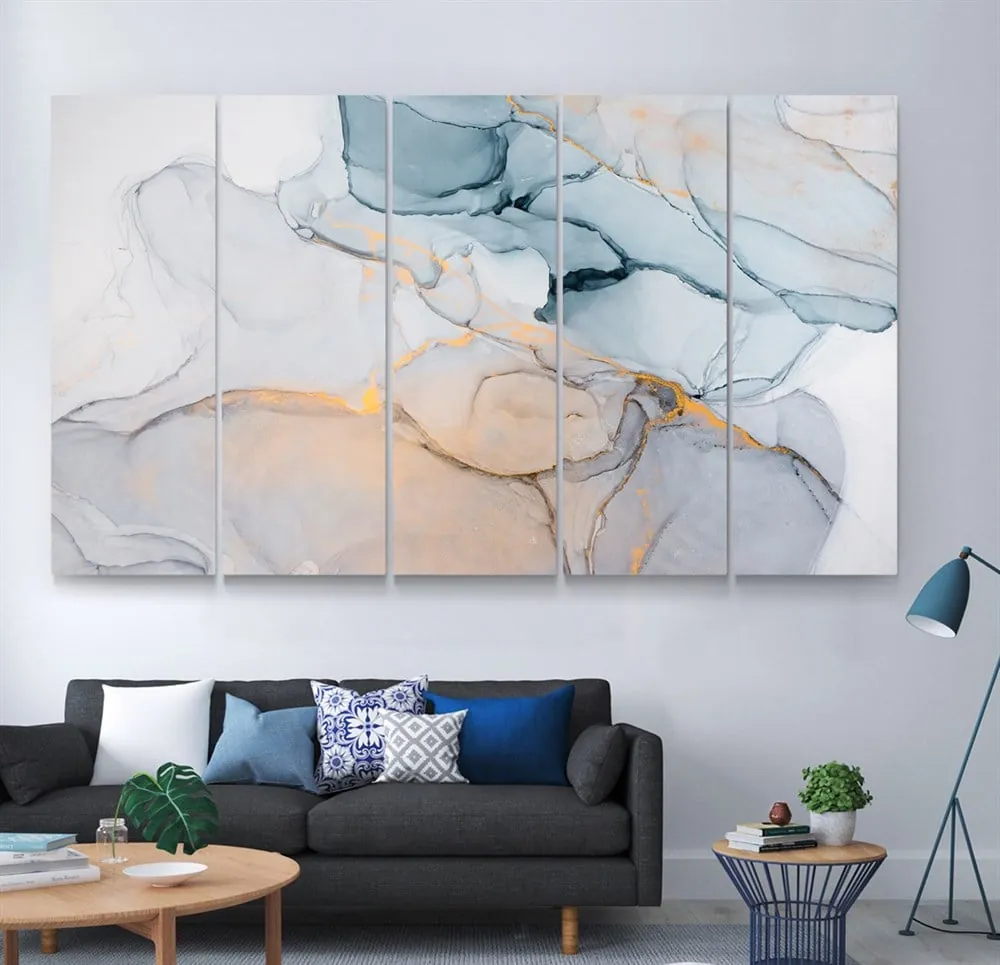 AÜçk Mavi Sarı ve Gri Renkli Abstract Mermer Desenli Dekoratif Kanvas Tablo