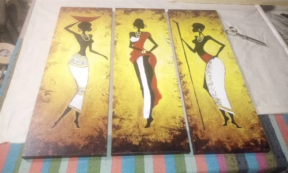 Afrika Kadınlar Resimli 3 Parçalı Kanvas Tablo