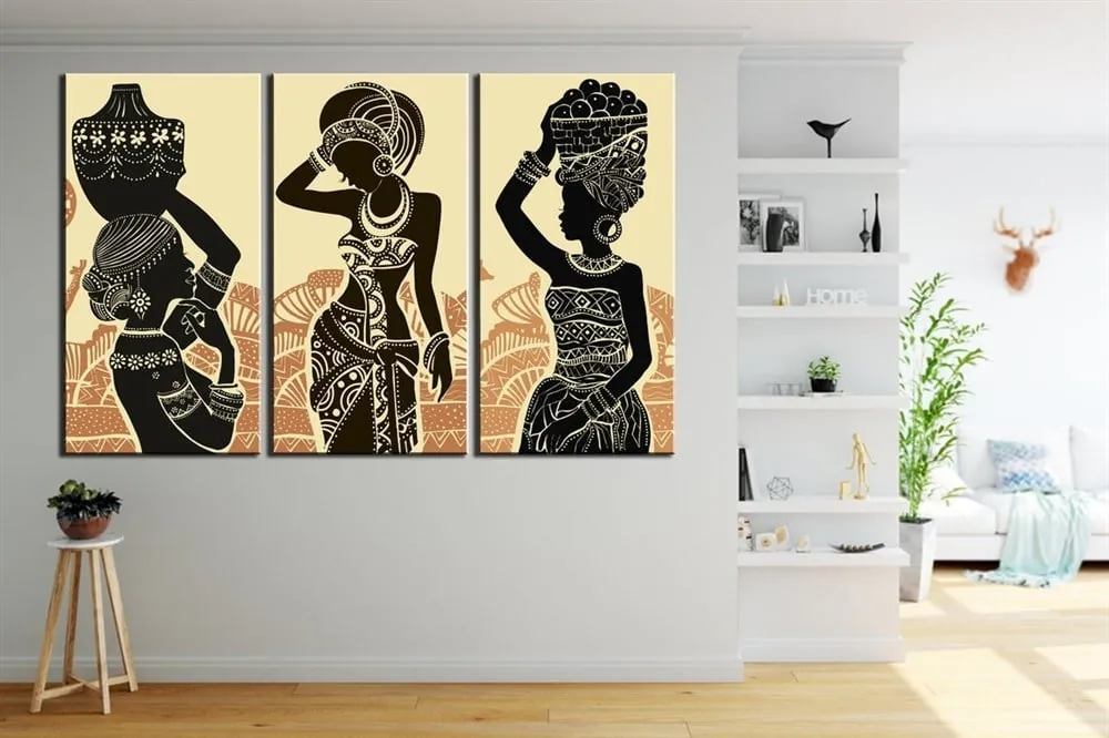 Afrikalı Kadın Tablosu 3 Parçalı Kanvas Tablo