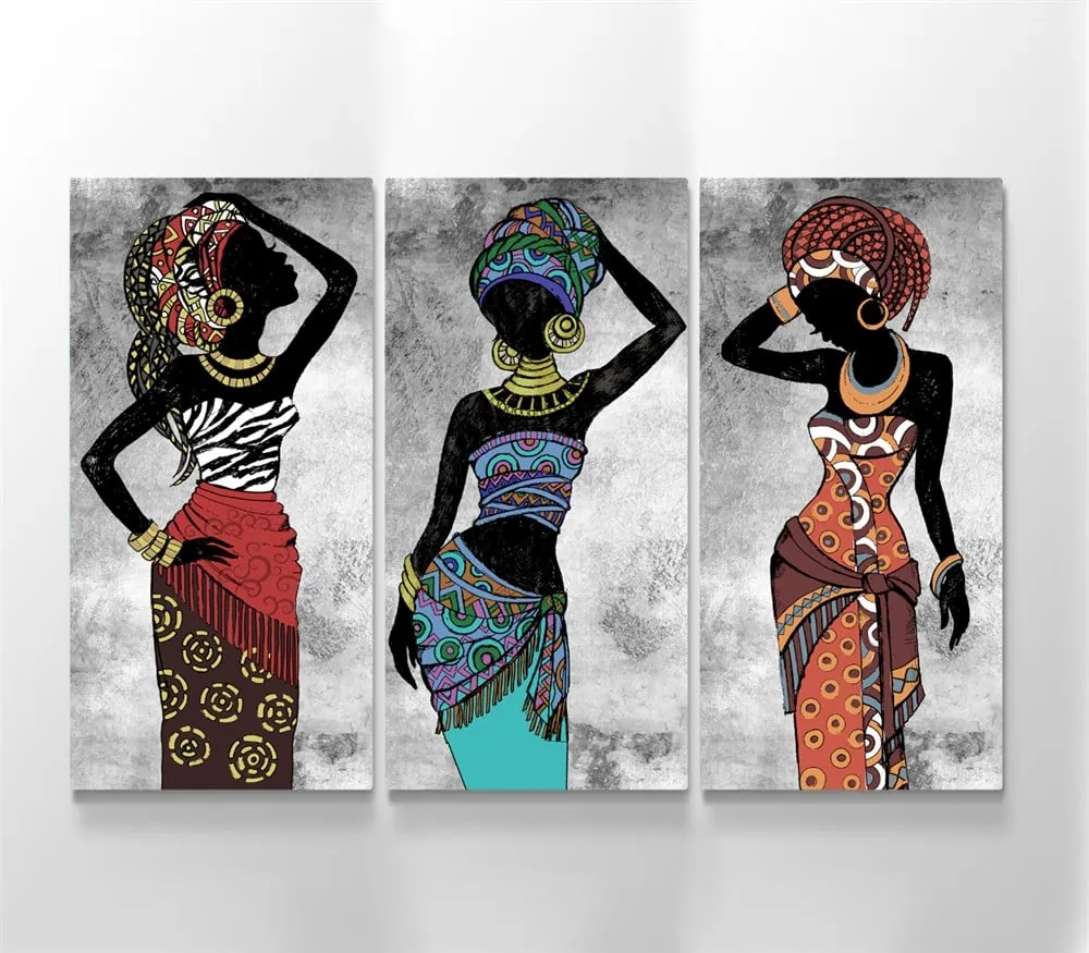 Afrikalı Renkli Siyahi Kadınlar 3 Parçalı Kanvas Tablo