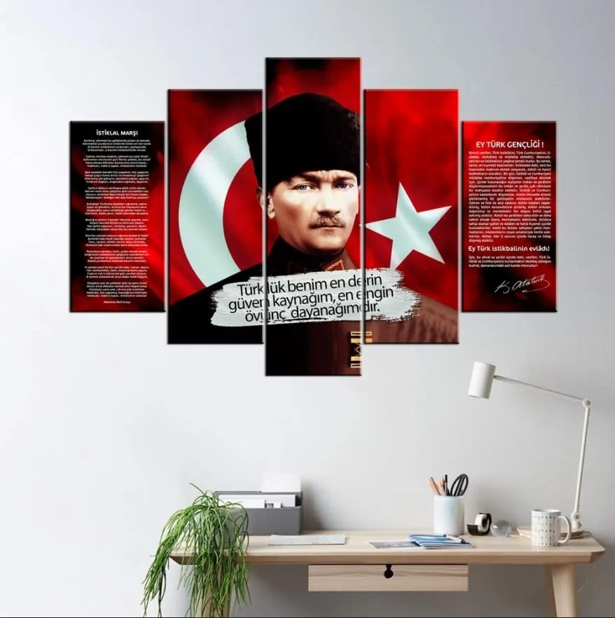 Atatürk, Kalpakl?? Atatürk Resmi, ??stiklal MarÜç ve Gen??li??e Hitabe 5 Parçalı Kanvas Tablo