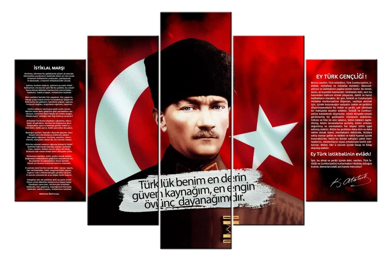 Atatürk, Kalpakl?? Atatürk Resmi, ??stiklal MarÜç ve Gen??li??e Hitabe 5 Parçalı Kanvas Tablo