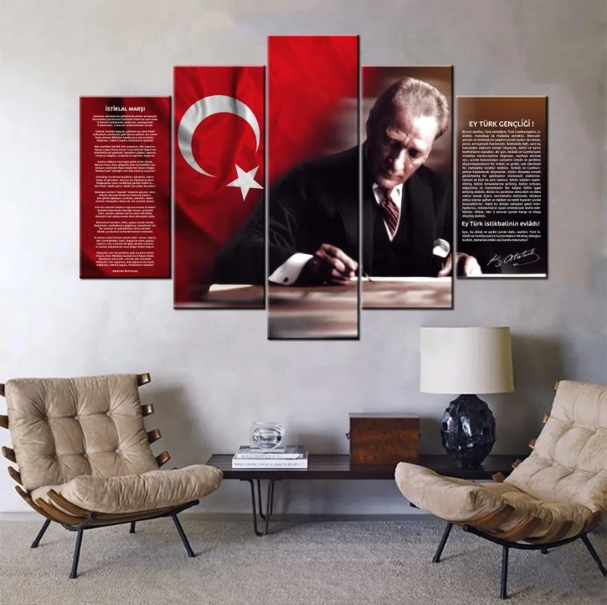 Atatürk, Türk BayraÜç, ??stiklal MarÜç ve Gen??li??e Hitabe 5 Parçalı Kanvas Tablo
