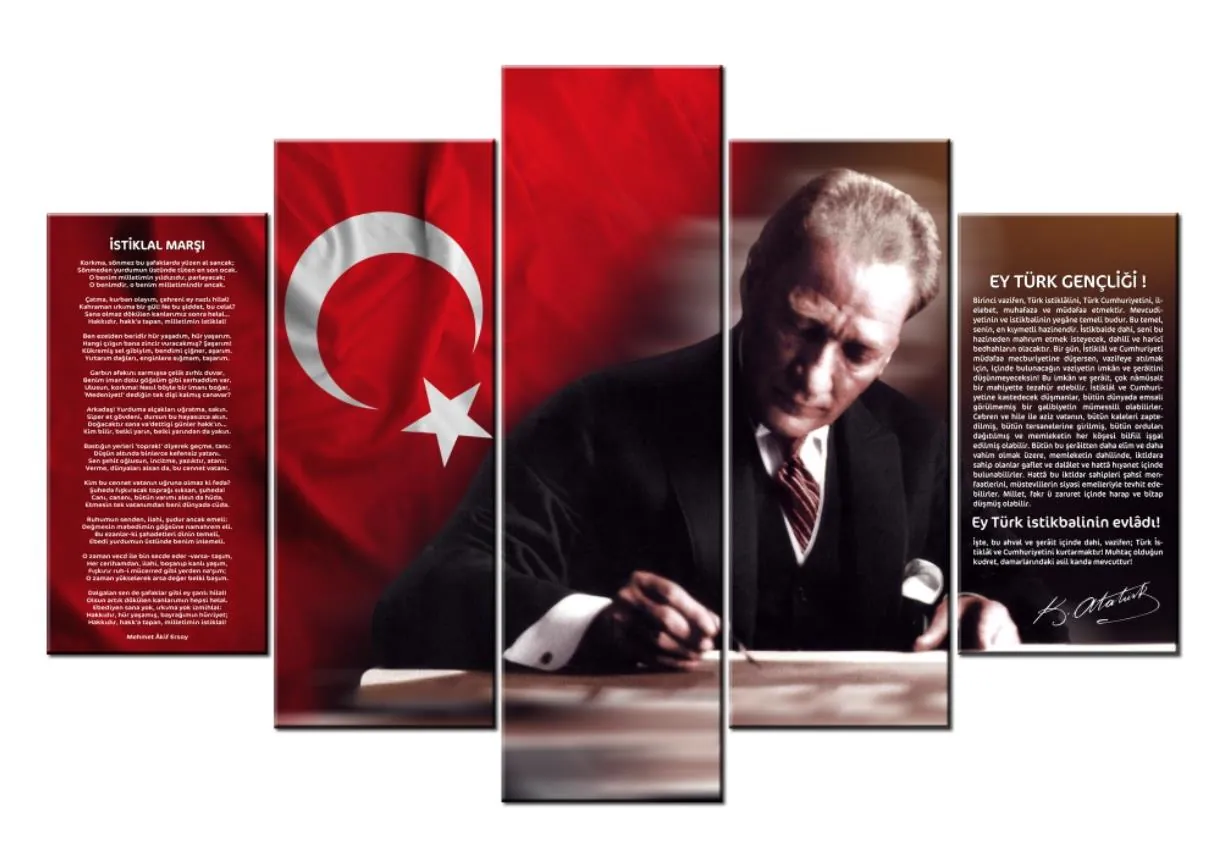 Atatürk, Türk BayraÜç, ??stiklal MarÜç ve Gen??li??e Hitabe 5 Parçalı Kanvas Tablo