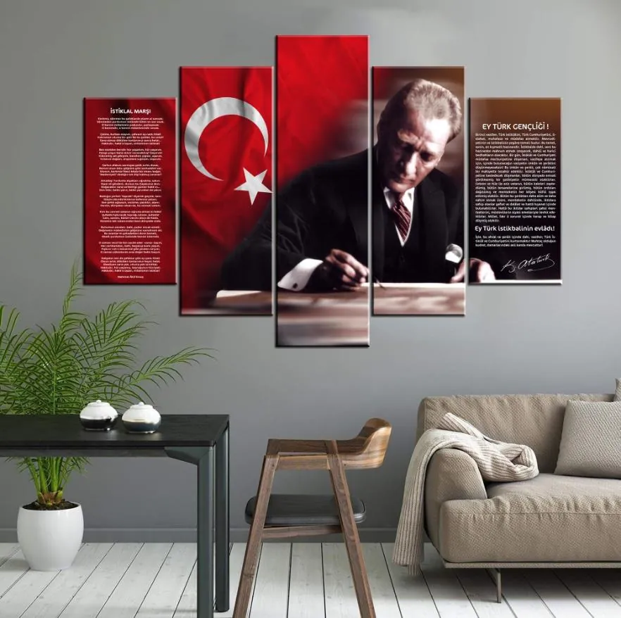 Atatürk, Türk BayraÜç, ??stiklal MarÜç ve Gen??li??e Hitabe 5 Parçalı Kanvas Tablo