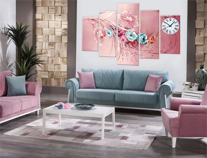 Modern Pembe Mavi Çiçek Desenli Saatli Kanvas Tablo