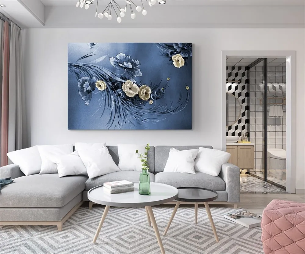 Çiçekli Mavi Krem Renkli 1 Parçalı Kanvas Tablo