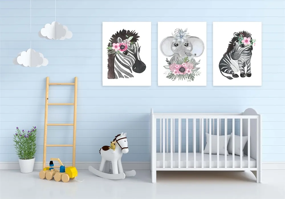 ??ocuk Odası Üçin Dekoratif Zebra ve Fil Resimli Kanvas Tablo