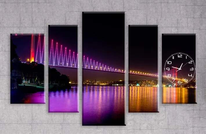 İstanbul Bo??az K??pr??s?? Saatli Rengarenk Kanvas Tablo