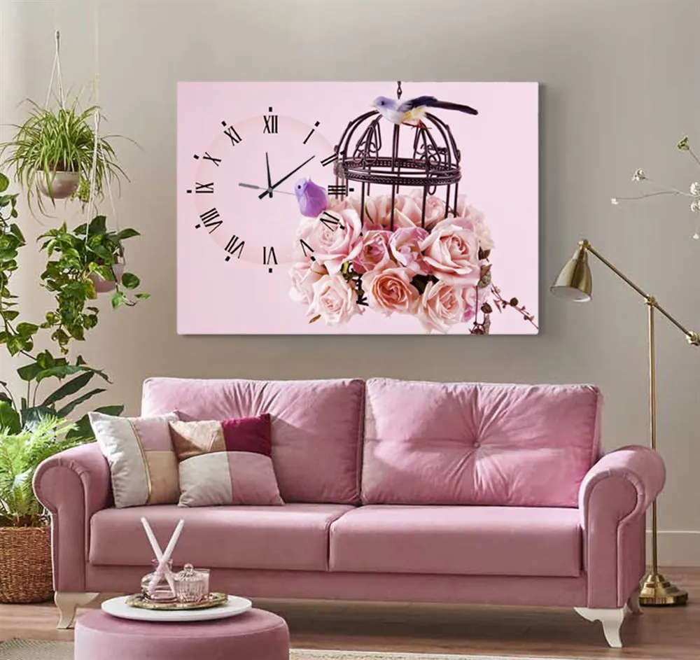 Kafeste Kuşlar ile Pembe Renkli Çiçekler Saatli Kanvas Tablo