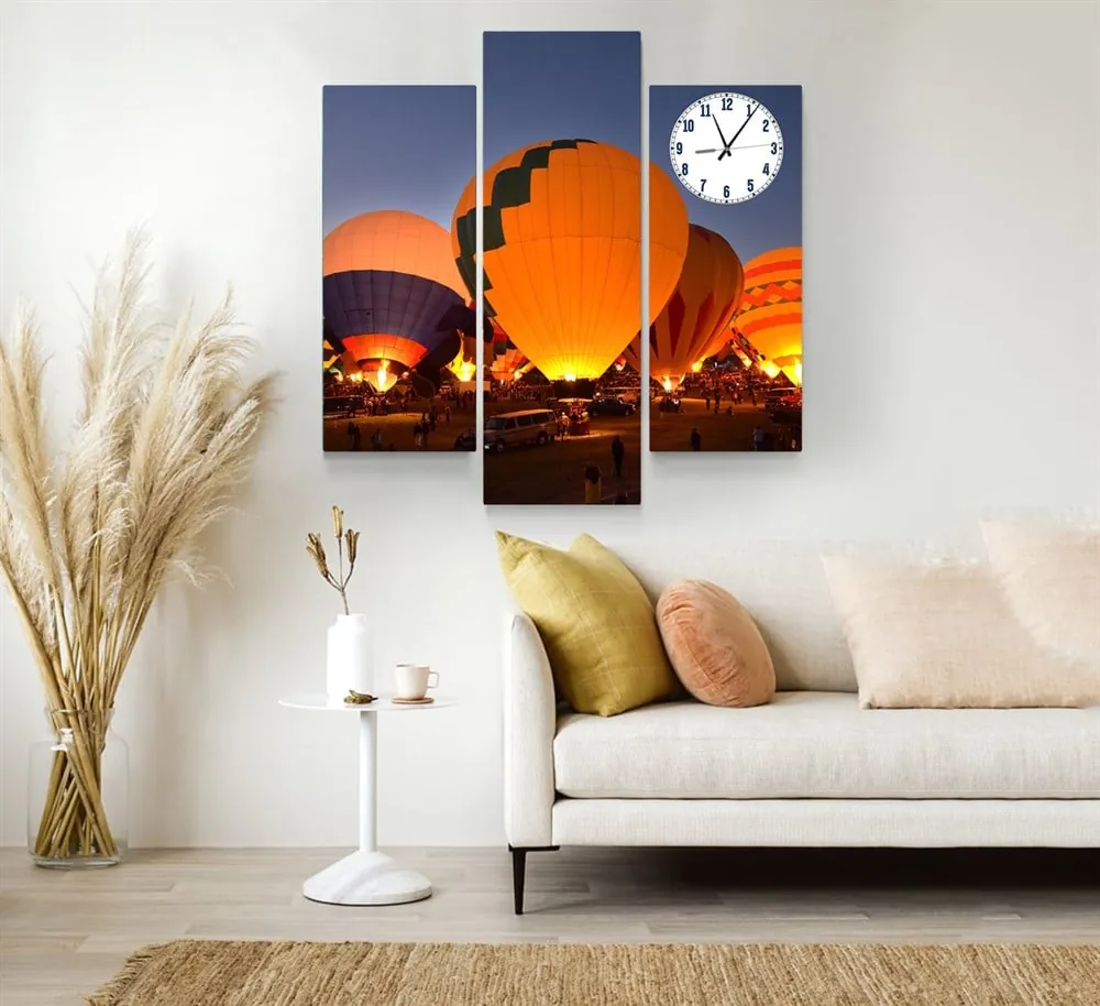 Kapadokya Balon 3 Parçalı Saatli Kanvas Tablo