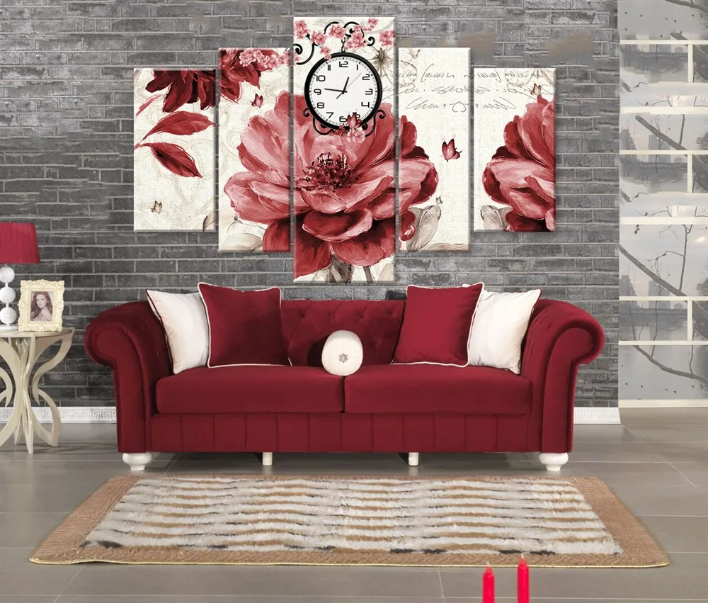 Kırmızı Bordo Çiçekli Kelebekli Saatli 5 Parçalı Kanvas Tablo
