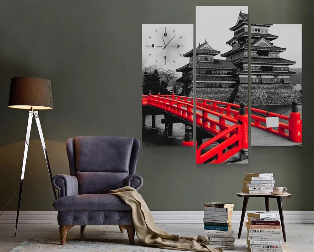 Kırmızı Köprülü Japon Evleri Gri Renkli Kanvas Tablo