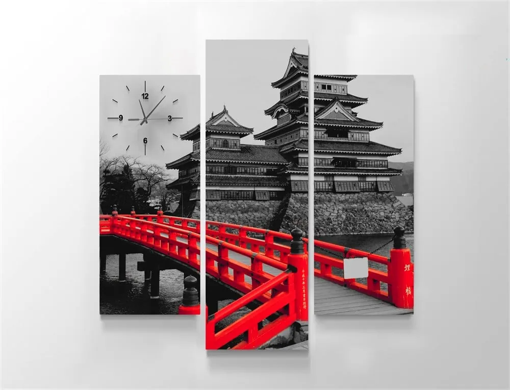 Kırmızı K??pr??l?? Japon Evleri Gri Renkli Kanvas Tablo