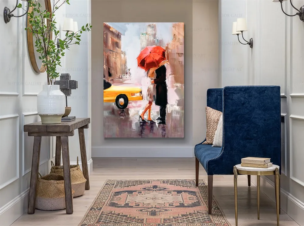 Kırmızı ??emsiye Altında Romantik ??iftler Sevgililer Sarı Arabal?? Kanvas Tablo