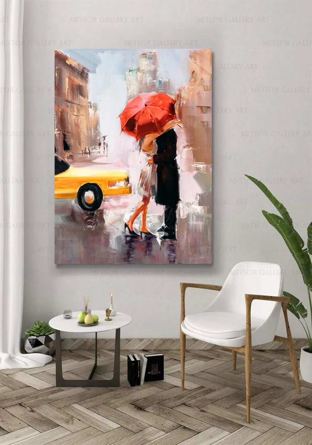 Kırmızı ??emsiye Altında Romantik ??iftler Sevgililer Sarı Arabal?? Kanvas Tablo