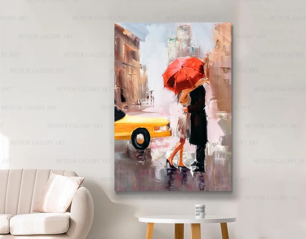 Kırmızı ??emsiye Altında Romantik ??iftler Sevgililer Sarı Arabal?? Kanvas Tablo