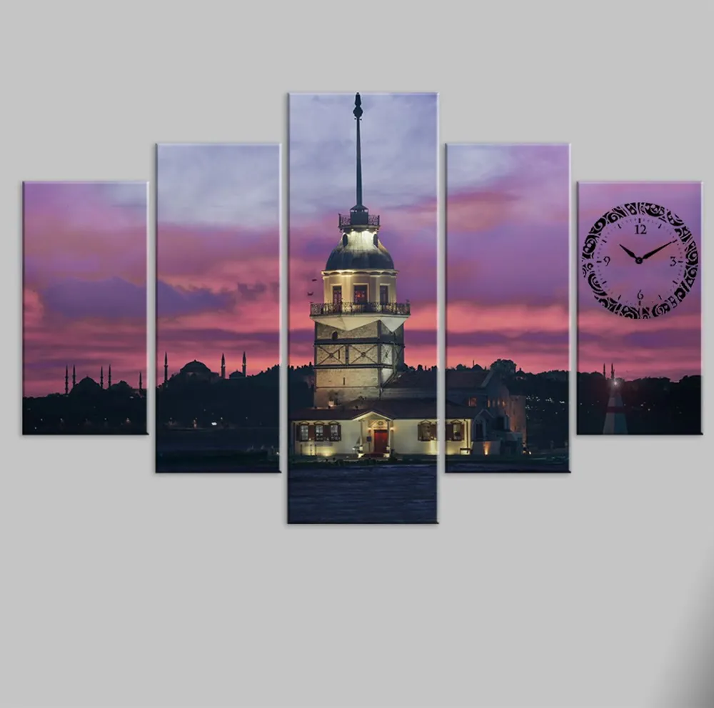 Kız Kulesi Manzarası Saatli Dekoratif 5 Parça Kanvas Tablo