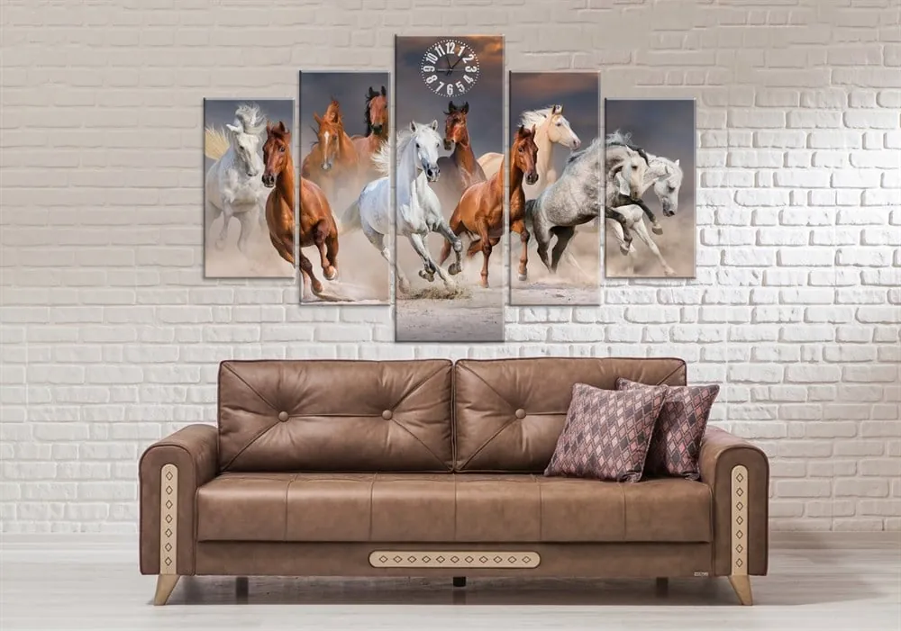 Ko??an Atlar Parçalı Saatli Kanvas Tablo  canvas hediye