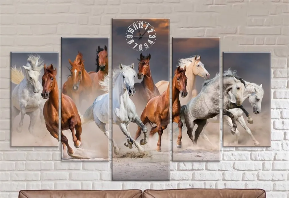 Koşan Atlar Parçalı Saatli Kanvas Tablo  canvas hediye