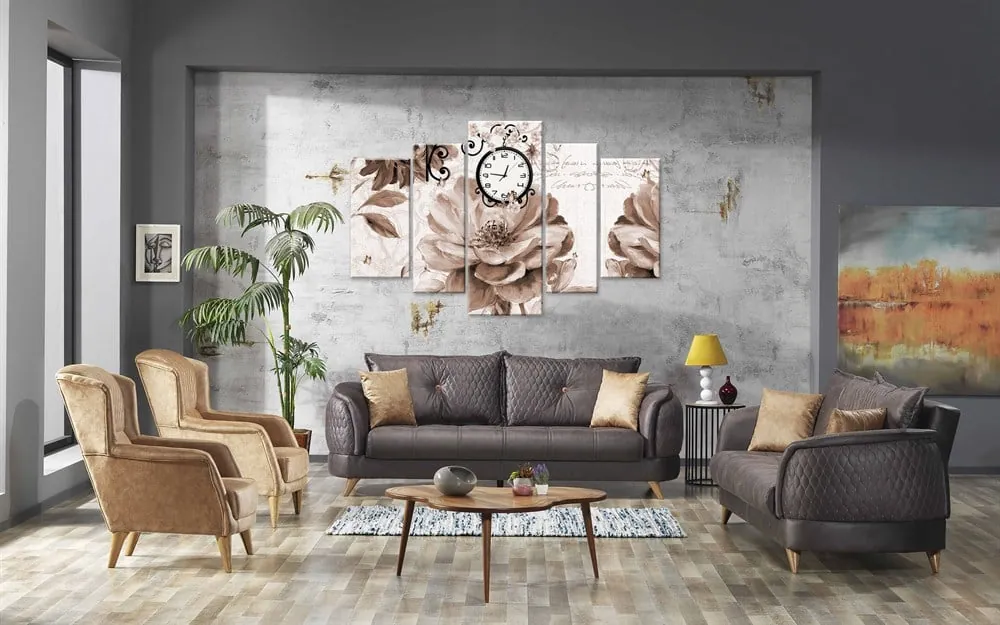 Krem Kahve Çiçekli Kelebekli Saatli 5 Parçalı Kanvas Tablo