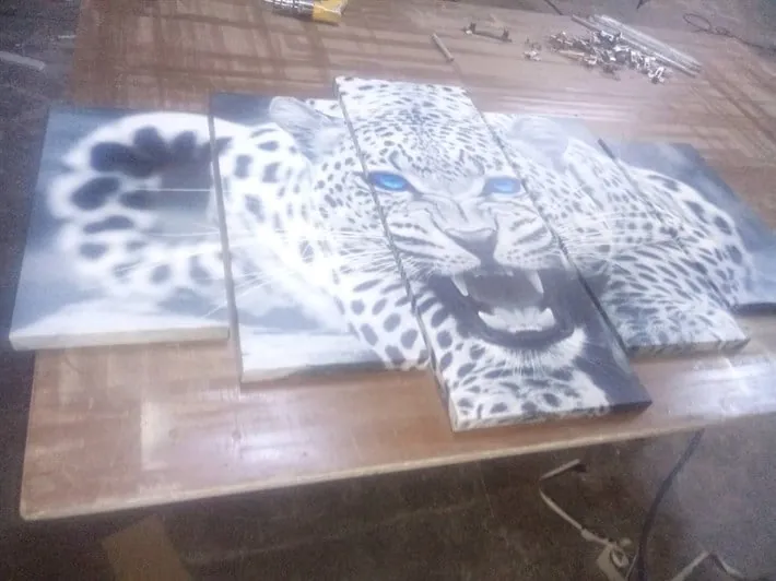 Mavi G??zl?? Gri Kaplan 5 Parça Kanvas Tablo
