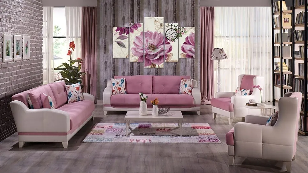 Pembe Renkli Çiçekli 5 Parça Saatli Dekoratif Kanvas Tablo
