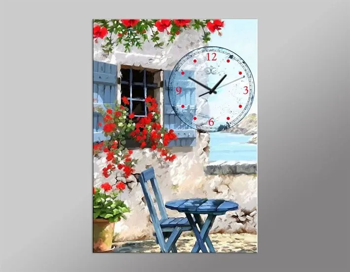 Mavi Sandaye Masa Çiçekli Ev ve Manzaralı Kanvas Tablo