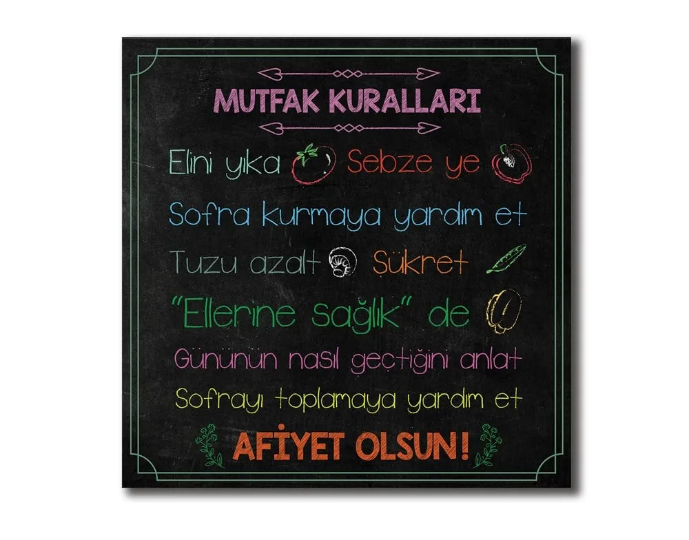 Mutfak Kuralları Yazılı Kanvas Tablo