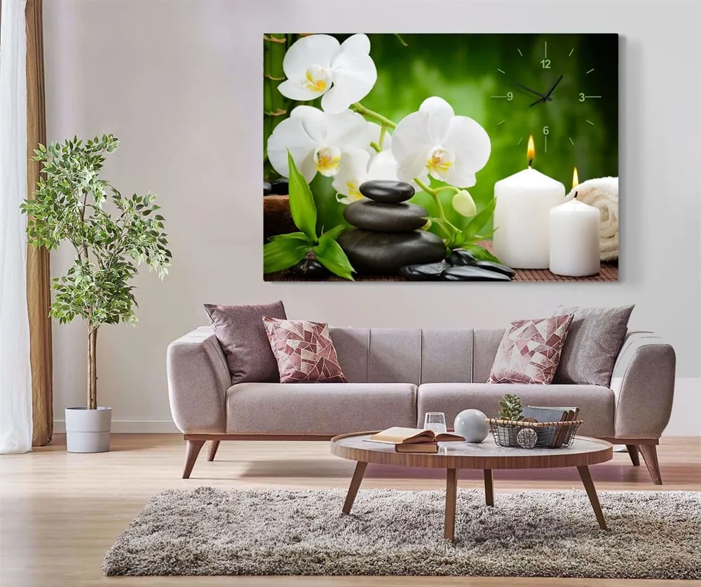 Orkide Çiçeği Mum ve Spa Taşları Saatli Kanvas Tablo