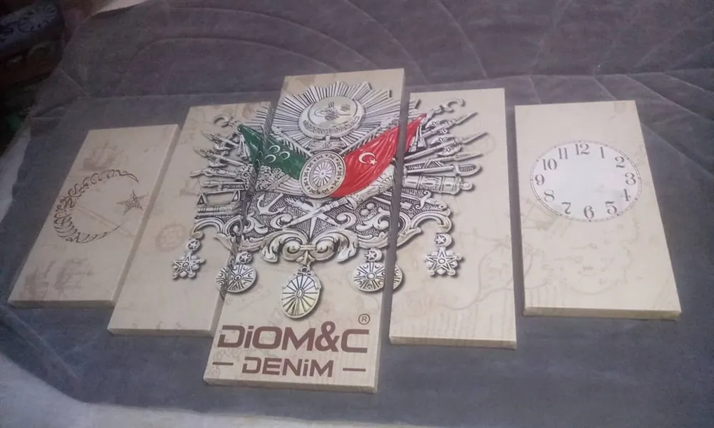 Osmanlı Logolu Ay Y??ld??z Saatli 5 Parça Kanvas Tablo