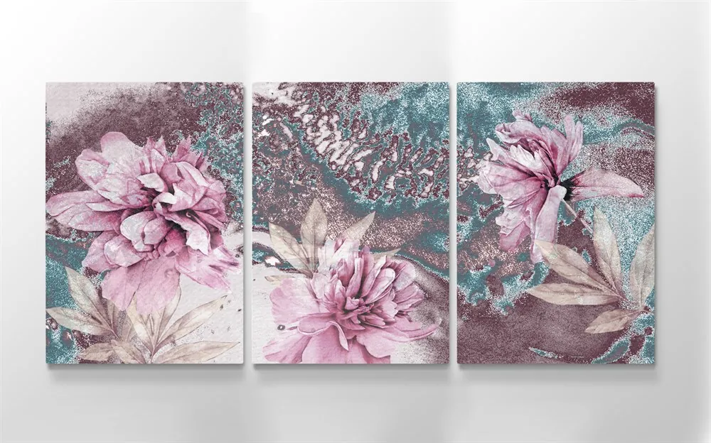 Pembe Çiçekli Desenli 3 Parçalı Kanvas Tablo