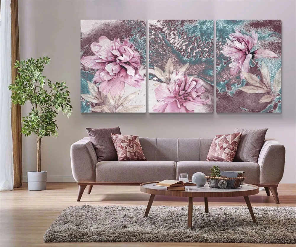Pembe Çiçekli Desenli 3 Parçalı Kanvas Tablo