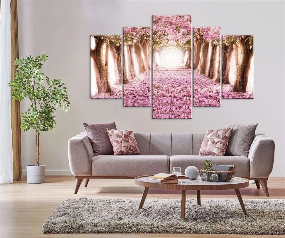 Pembe Çiçekli Manzaralı Kanvas Tablo