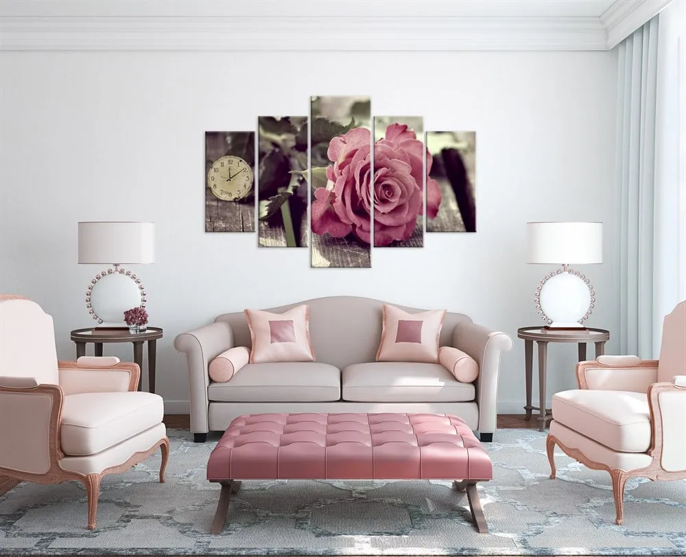 Pembe Güll?? Saatli 5 Parça Kanvas Tablo