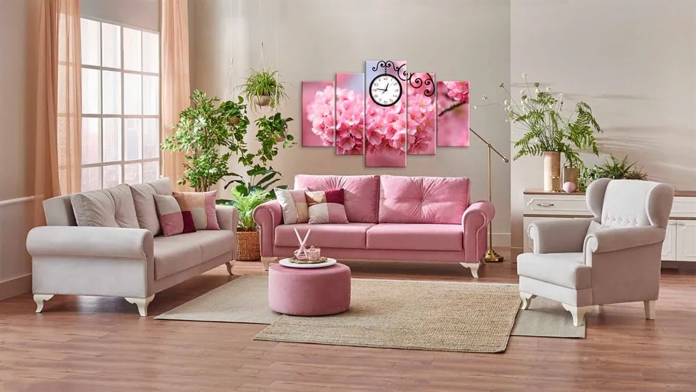 Pembe ??lkbahar Çiçekli Saatli Kanvas Tablo