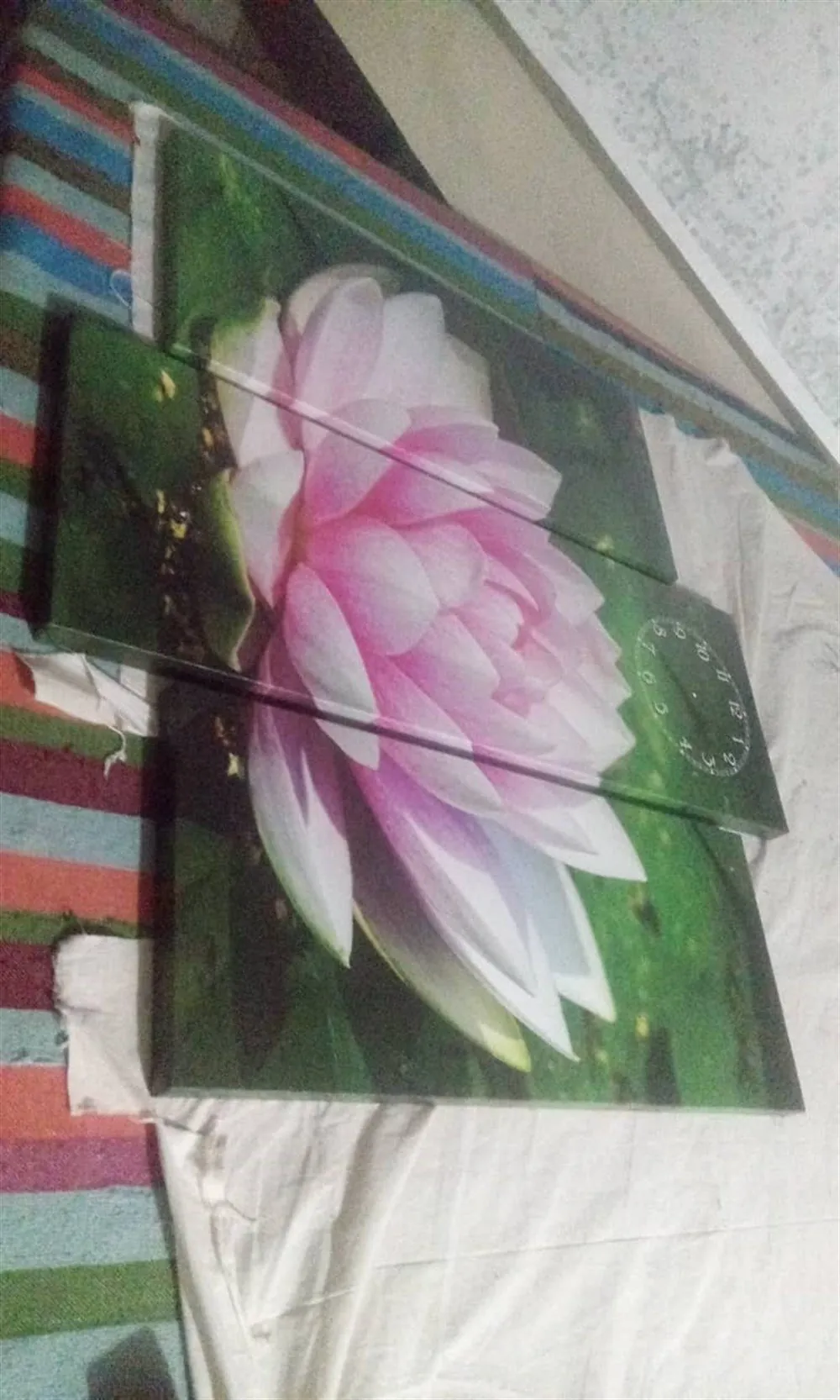 Pembe Lotus ??i??e??i Saatli Kanvas Tablo