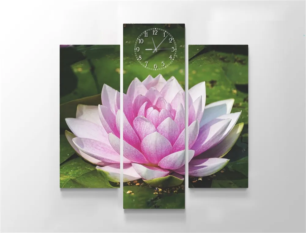 Pembe Lotus ??i??e??i Saatli Kanvas Tablo
