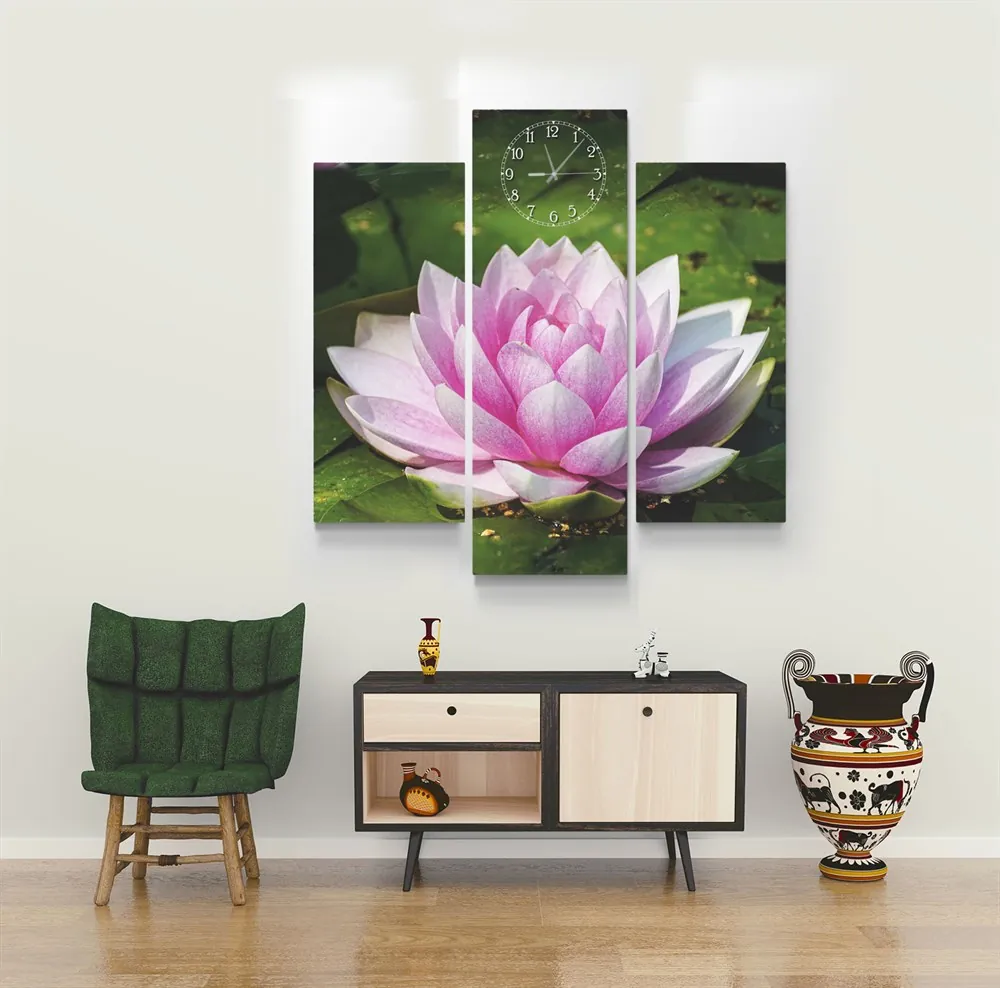 Pembe Lotus ??i??e??i Saatli Kanvas Tablo