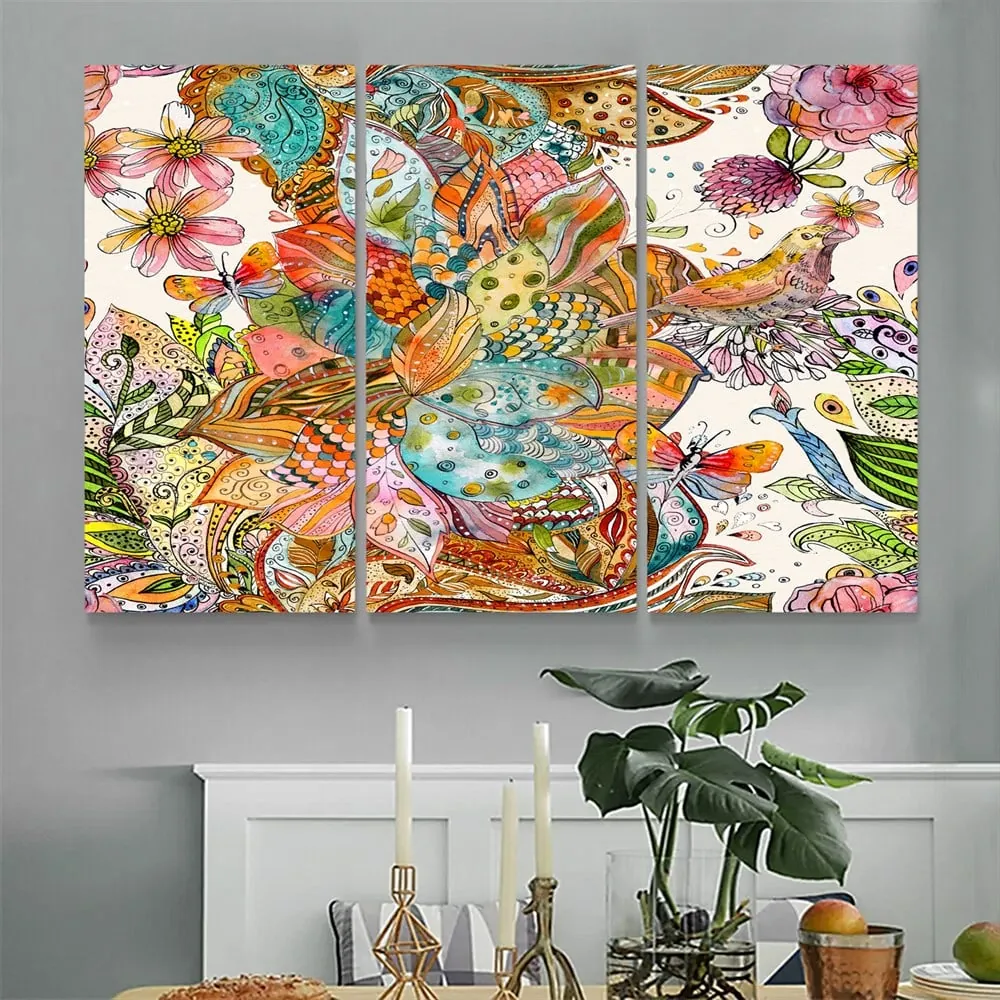 Renkli Kelebek Çiçek ve Ku?? Resimli ??izimsel Sanatsal Kanvas Tablo