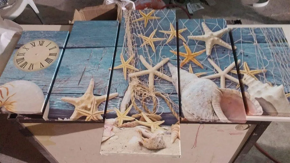 Saatli 5 Parça Deniz Y??ld??z?? ve Kabuklar?? Kanvas Tablo
