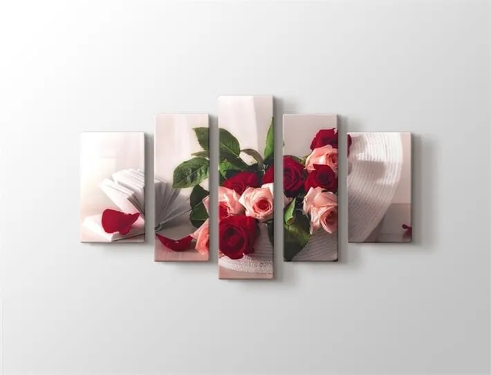 Şapka İçerisinde Kırmızı Gül Çiçekler ve Kitap Kanvas Tablo