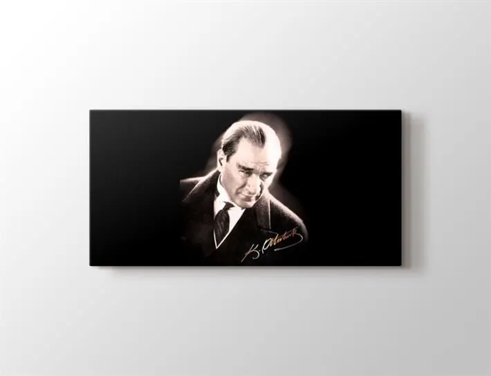 Siyah Beyaz Atatürk ??mzal?? Kanvas Tablosu